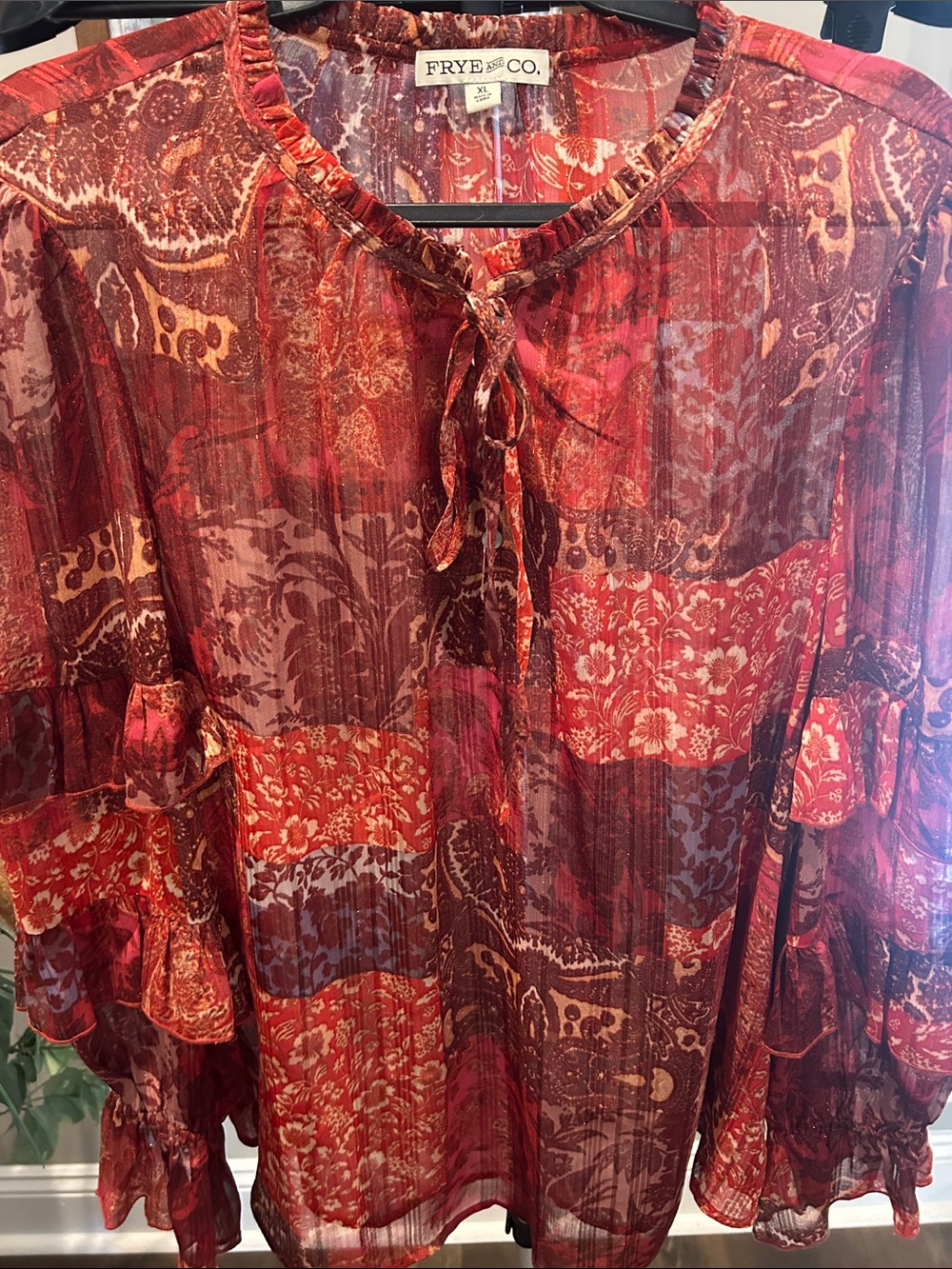 FRYE AND CO. Red Patchwork Peasant Blouse NWT / Size XL / Ruffled Long Sleeves